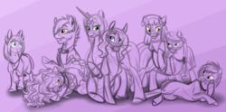 Size: 900x445 | Tagged: safe, artist:mythpony, oc, oc only, oc:charisma, oc:cyrus, oc:fantasy, oc:manni, oc:myth, oc:nightsky, oc:silver, oc:sleepless, pony, unicorn, female, male, mare, partial color, stallion