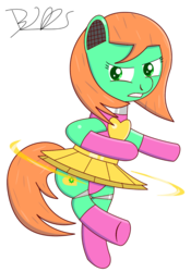Size: 978x1400 | Tagged: safe, artist:trackheadtherobopony, oc, oc only, oc:goldheart, pony, robot, robot pony, clothes, female, jumping, leotard, mid-air, signature, simple background, skirt, solo, transparent background