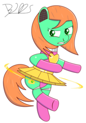 Size: 978x1400 | Tagged: safe, artist:trackheadtherobopony, oc, oc only, oc:goldheart, pony, robot, robot pony, clothes, female, jumping, leotard, midair, signature, simple background, skirt, solo, transparent background