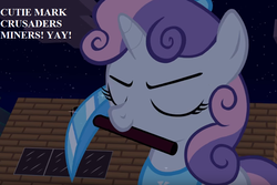 Size: 876x584 | Tagged: safe, artist:jan, edit, sweetie belle, don't mine at night, g4, cropped, dialogue, diamond pickaxe, image macro, meme, minecraft, mouth hold, pickaxe, this will end in tears and/or death and/or covered in tree sap, youtube source