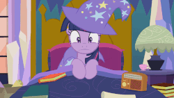 Size: 800x450 | Tagged: safe, artist:agrol, twilight sparkle, alicorn, pony, magic lessons, g4, accessory swap, animated, bed, blinking, book, cape, clothes, cup, female, gif, hat, radio, teacup, the great and powerful, the great and powerful twilight, trixie's cape, trixie's hat, twilight sparkle (alicorn)