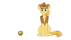 Size: 1920x1080 | Tagged: safe, artist:jaiden animations, braeburn, earth pony, pony, g4, actual braeburn, apple, food, looking at you, male, simple background, sitting, solo, white background, youtube