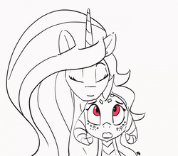 Size: 1280x1126 | Tagged: safe, artist:pabbley, princess celestia, princess ember, alicorn, dragon, pony, g4, 30 minute art challenge, black and white, dragoness, emberlestia, eyes closed, female, grayscale, horn, lesbian, looking up, mare, monochrome, shipping