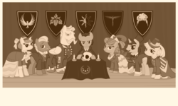 Size: 6000x3592 | Tagged: safe, artist:magister39, oc, oc only, oc:steel trail, earth pony, pegasus, pony, unicorn, candle, coat of arms, conspiracy, conspiracy theory, monochrome, old photo, skull