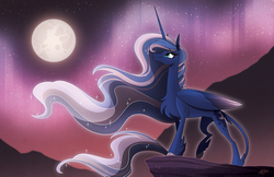 Size: 1400x906 | Tagged: safe, artist:probablyfakeblonde, princess luna, alicorn, pony, g4, chest fluff, cloven hooves, female, full moon, leonine tail, mare, moon, night, profile, smiling, solo, unshorn fetlocks