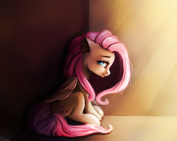 Size: 2500x2000 | Tagged: safe, artist:miokomata, fluttershy, pegasus, pony, g4, ear fluff, female, floppy ears, folded wings, freckles, high res, looking at you, looking sideways, profile, sad, sitting, solo, wings