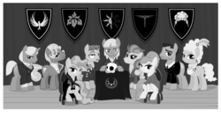 Size: 6000x3592 | Tagged: safe, artist:magister39, hoity toity, mayor mare, stormy flare, wind rider, g4, black and white, conspiracy, conspiracy theory, grayscale, monochrome, skull, younger