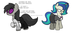Size: 2420x1080 | Tagged: safe, artist:moonatik, derpibooru exclusive, dj pon-3, octavia melody, vinyl scratch, earth pony, pony, unicorn, g4, accessory swap, alternate hairstyle, blind, bowtie, clothes, clothes swap, dialogue, female, glasses, hoodie, mare, raised hoof, shirt, simple background, skirt, tights, transparent background, unamused, vinyl scratch is not amused, waistcoat