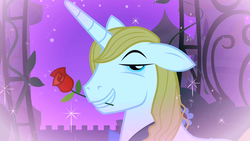 Size: 1280x720 | Tagged: safe, screencap, prince blueblood, pony, g4, the best night ever, bowtie, flower, flower in mouth, male, mouth hold, rose, rose in mouth, solo