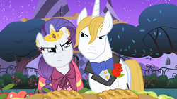 Size: 1280x720 | Tagged: safe, screencap, prince blueblood, rarity, pony, unicorn, g4, the best night ever, apple, clothes, dress, female, flower, food, gala dress, male, mare, rose, stallion