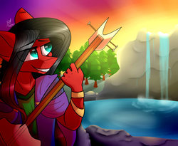 Size: 1024x838 | Tagged: safe, artist:fireworkarsonist, oc, oc only, oc:swiftriff, anthro, anthro oc, clothes, guitar, musical instrument, red and black oc, solo, sunset, waterfall