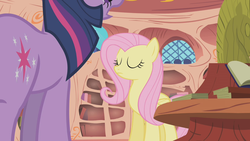 Size: 1280x720 | Tagged: safe, screencap, fluttershy, twilight sparkle, bridle gossip, g4, eyes closed, golden oaks library