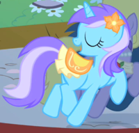 Size: 200x191 | Tagged: safe, screencap, diamond mint, lyrica lilac, pony, unicorn, g4, the best night ever, background pony, cropped, eyes closed, female, flower, flower in hair, mare, saddle, singing, solo focus, tack
