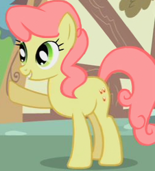 Size: 256x283 | Tagged: safe, screencap, gala appleby, earth pony, pony, g4, green isn't your color, apple family member, background pony, cropped, female, mare, raised hoof, smiling, solo