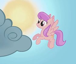 Size: 585x495 | Tagged: safe, screencap, fuchsia berry, pegasus, pony, g4, look before you sleep, background pony, cloud, cropped, female, flying, mare, smiling, solo, sun