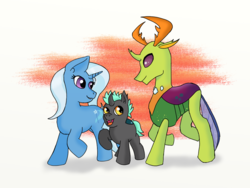 Size: 1200x900 | Tagged: safe, artist:eulicious, thorax, trixie, oc, oc:prince thurston, changedling, changeling, changepony, hybrid, g4, female, interspecies offspring, king thorax, male, offspring, parent:thorax, parent:trixie, parents:thoraxie, shipping, simple background, straight, thoraxie