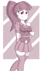 Size: 1369x2315 | Tagged: safe, artist:pastelhorses, sci-twi, twilight sparkle, equestria girls, g4, abstract background, armband, belly button, breasts, cleavage, clothes, cute, female, long socks, microskirt, midriff, miniskirt, missing accessory, monochrome, pleated skirt, ponytail, shirt, skirt, socks, solo, thigh highs, thigh socks, twiabetes, wavy mouth, zettai ryouiki