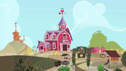 Size: 1280x720 | Tagged: safe, screencap, g4, the show stoppers, applejack's house, barn, barrel, chicken coop, corn, food, hay bale, no pony, scenery, sweet apple acres, well