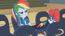 Size: 1920x1080 | Tagged: safe, screencap, rainbow dash, equestria girls, fluttershy's butterflies, fluttershy's butterflies: rainbow dash, g4, my little pony equestria girls: better together, animation error, awesome, chair, chillaxing, converse, cool, crossed arms, crossed legs, extra lashes, feet up, geode of super speed, magical geodes, shoes, they just didn't care