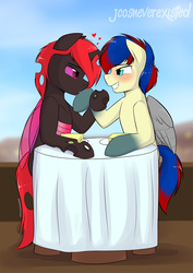 Size: 905x1280 | Tagged: safe, artist:jcosneverexisted, oc, oc only, changeling, blushing, dinner, food, gay, heart, kissing, looking at each other, male, prosthetic wing, red and black oc, red changeling, sandwich, table