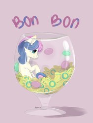 Size: 1634x2160 | Tagged: safe, artist:nosog-art, bon bon, sweetie drops, earth pony, pony, g4, candy, female, food, glass, pink background, simple background, solo