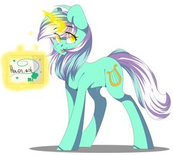 Size: 1202x1080 | Tagged: safe, artist:nosog-art, lyra heartstrings, pony, unicorn, g4, colored pupils, female, looking at you, magic, sign, simple background, smiling, solo, tongue out, white background