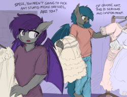 Size: 4225x3250 | Tagged: safe, artist:the-minuscule-task, oc, oc only, oc:nolegs, oc:speck, bat pony, anthro, anthro oc, bat pony oc, clothes, commission, cute, dialogue, dress, duo, female, mare, pants, shirt, shopping, smiling, wedding dress
