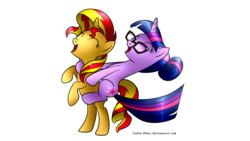 Size: 3840x2160 | Tagged: safe, artist:zahra-pines, sci-twi, sunset shimmer, twilight sparkle, pony, unicorn, equestria girls, g4, cute, equestria girls ponified, eyes closed, female, high res, lesbian, piggyback ride, ponies riding ponies, ponified, rearing, riding, shimmerbetes, ship:sci-twishimmer, ship:sunsetsparkle, shipping, signature, simple background, twiabetes, twilight riding sunset shimmer, unicorn sci-twi