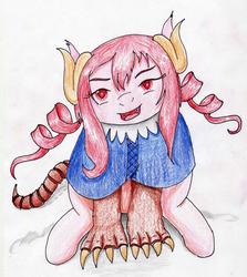 Size: 2465x2759 | Tagged: safe, artist:40kponyguy, derpibooru exclusive, dracony, hybrid, pony, crossover, cute little fangs, fangs, high res, horns, ilulu, looking up, miss kobayashi's dragon maid, open mouth, pigtails, ponified, simple background, solo, traditional art, twintails, white background