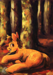 Size: 1240x1754 | Tagged: safe, artist:toisanemoif, oc, oc only, pony, autumn, forest, smiling, solo, tree