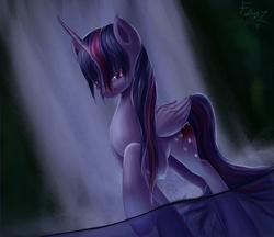 Size: 2900x2500 | Tagged: safe, artist:foughtdragon01, twilight sparkle, alicorn, pony, g4, female, high res, horn, looking at you, mare, night, solo, twilight sparkle (alicorn), water, wet mane, wings