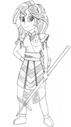 Size: 1024x1823 | Tagged: safe, artist:drcool13, sunset shimmer, equestria girls, g4, armor, female, monochrome, shadow fight 2, solo, staff, traditional art, weapon