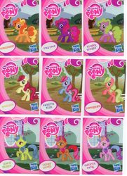 Size: 1573x2172 | Tagged: safe, bumblesweet, cherry spices, daisy, fizzypop, flower wishes, lemon hearts, pepperdance, roseluck, sweetie blue, sweetie swirl, g4, blind bag, card, irl, merchandise, photo, recolor, toy