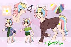 Size: 1788x1200 | Tagged: safe, artist:1an1, oc, oc only, oc:berry, semi-anthro, abstract background, clothes, flower, heart, rainbow hair, raised hoof, reference sheet, scarf, sweater, tongue out, trans female, transgender