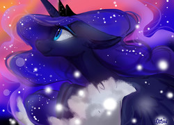 Size: 3008x2160 | Tagged: safe, artist:obsidelle, princess luna, alicorn, pony, g4, cloud, dusk, female, floppy ears, high res, mare, profile, smiling, solo, twilight (astronomy)