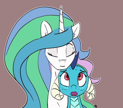 Size: 2736x2407 | Tagged: safe, artist:pabbley, princess celestia, princess ember, alicorn, dragon, pony, g4, colored, emberlestia, eyes closed, female, high res, horn, lesbian, looking up, mare, shipping