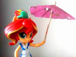 Size: 960x720 | Tagged: safe, sunset shimmer, fish, equestria girls, g4, clothes, doll, equestria girls minis, irl, photo, skirt, sunset sushi, toy, umbrella