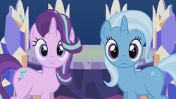 Size: 1280x720 | Tagged: safe, artist:agrol, starlight glimmer, trixie, pony, unicorn, magic lessons, g4, duo, female, looking at you, mare, twilight's castle