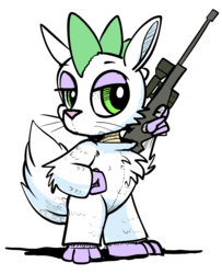 Size: 1280x1578 | Tagged: safe, artist:gsphere, spike, dragon, g4, clothes, fursuit, gun, lidded eyes, male, optical sight, rifle, simple background, sniper rifle, solo, suit, weapon, white background