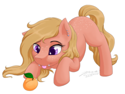 Size: 1024x768 | Tagged: safe, artist:novaintellus, oc, oc only, oc:apricot, earth pony, pony, apricot, body freckles, butt freckles, cute, cute little fangs, ear piercing, fangs, female, food, freckles, fruit, herbivore, kneeling, looking at something, mare, ocbetes, piercing, requested art, signature, simple background, solo, tongue out, transparent background