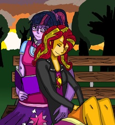 Size: 6100x6673 | Tagged: safe, artist:takrontoxicity, sci-twi, sunset shimmer, twilight sparkle, equestria girls, g4, absurd resolution, bench, blushing, cuddling, cutie mark on clothes, eyes closed, female, lesbian, ship:sci-twishimmer, ship:sunsetsparkle, shipping, sleeping, tree