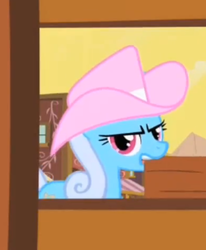 Size: 312x379 | Tagged: safe, screencap, linky, shoeshine, pony, g4, over a barrel, background pony, cropped, female, hat, mouth hold, solo, wood