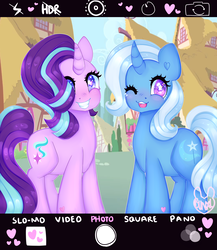 Size: 3000x3451 | Tagged: safe, artist:bunxl, starlight glimmer, trixie, pony, unicorn, g4, camera, female, happy, heart, heart eyes, high res, looking at you, mare, ponyville, selfie, smiling, starry eyes, wingding eyes