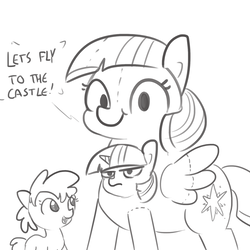 Size: 1650x1650 | Tagged: safe, artist:tjpones, twilight sparkle, alicorn, pony, g4, clothes, costume, dialogue, duo, female, filly, grayscale, let's fly to the castle, missing horn, monochrome, pony costume, simple background, sketch, smiling, twilight sparkle (alicorn), unamused, white background