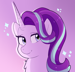 Size: 1788x1730 | Tagged: safe, artist:emera33, starlight glimmer, pony, unicorn, g4, bust, female, gradient background, mare, portrait, purple background, smiling, solo