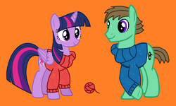 Size: 1752x1052 | Tagged: safe, twilight sparkle, oc, oc:ian, alicorn, pony, g4, clothes, orange background, simple background, sweater, twilight sparkle (alicorn), yarn, yarn ball