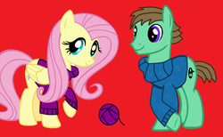 Size: 1660x1024 | Tagged: safe, fluttershy, oc, oc:ian, g4, clothes, red background, simple background, sweater, yarn, yarn ball