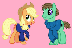 Size: 1620x1068 | Tagged: safe, applejack, oc, oc:ian, g4, clothes, pink background, simple background, sweater