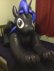 Size: 960x1280 | Tagged: safe, oc, oc only, oc:onyx romance, inflatable pony, pony, unicorn, bed, bootleg, hongyi, inflatable, inflatable toy, inflatable unicorn, irl, photo, solo