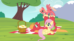Size: 1280x714 | Tagged: safe, artist:tajgon01, big macintosh, fluttershy, oc, oc:paw soul, pegasus, pony, g4, alternate hairstyle, basket, family, father and daughter, female, filly, male, offspring, parent:big macintosh, parent:fluttershy, parents:fluttermac, picnic, picnic basket, picnic blanket, ship:fluttermac, shipping, short hair, straight